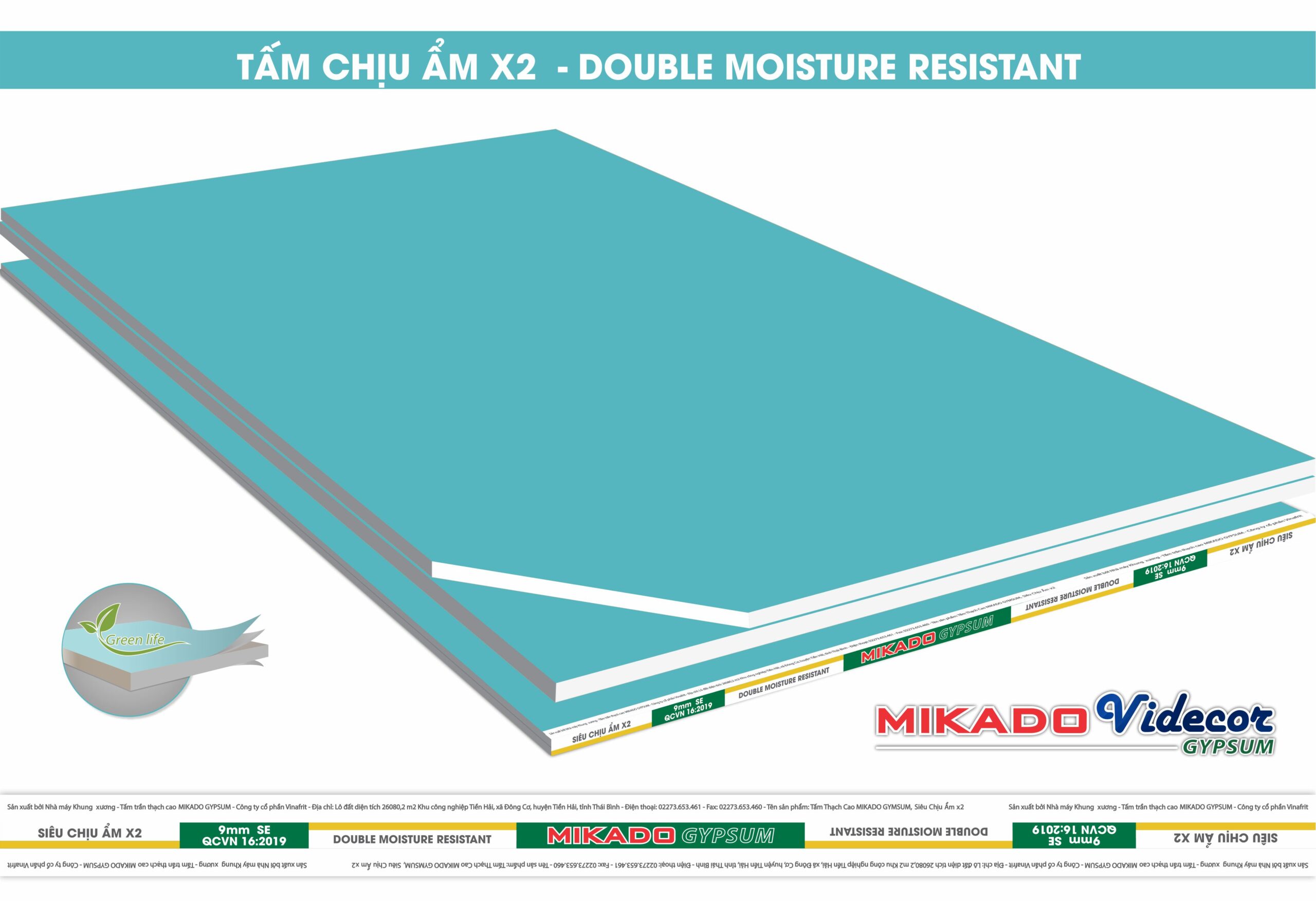 TẤM TRẦN THẠCH CAO CHỊU ẨM X2 MIKADO VIDECOR GYPSUM